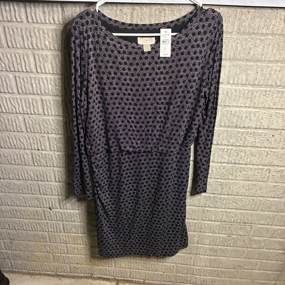 New LOFT Outlet Black White‎ Dot Print Long Sleeve Dress Size L